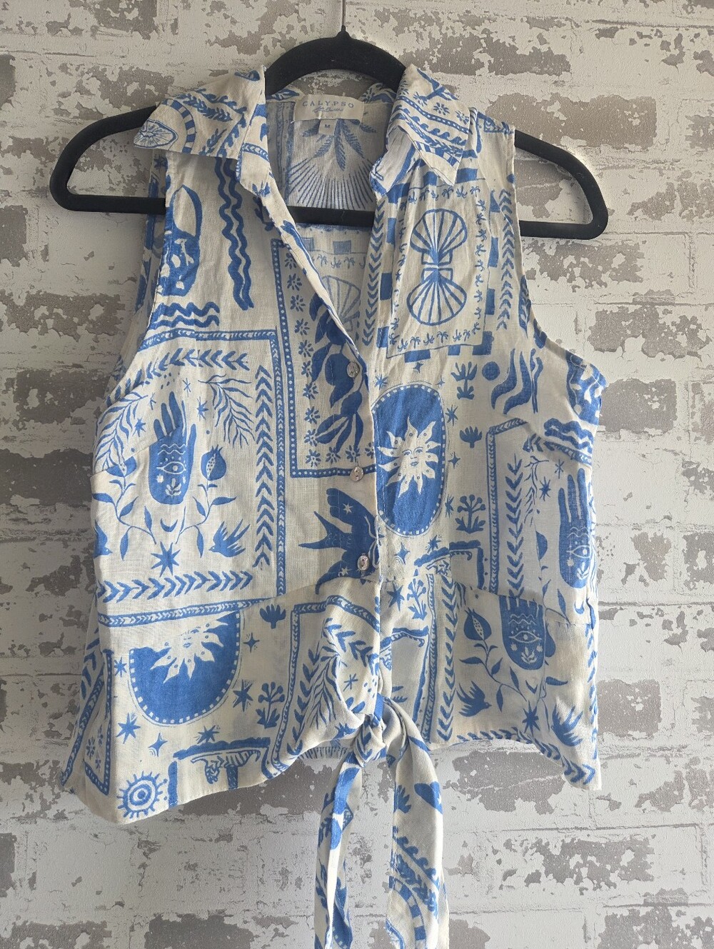 Calypso St. Barth Linen Blend Celestial Crop Tie Front Vest Top Blue White M